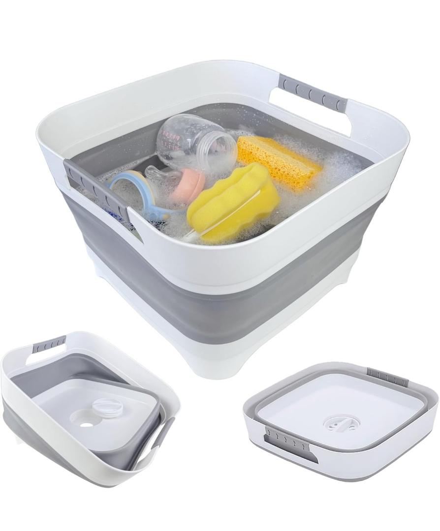 2.6 Gal(10L) Collapsible Wash Basin for Baby Bottles, Gray Space-Saving Collapsible Dish Basin with Drain Plug for bottle washing, Collapsible Bucket for RV Kitchen Essentials