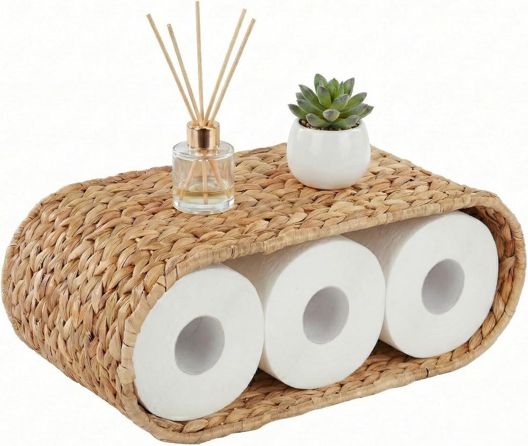 Coeusy Boho Rattan Wall Shelf for Bathroom, Wicker Wall Shelf for Toilet Paper Storage Holder, Handwoven Water Hyacinth Natural Decor for Over The Toilet, 2-Tier
