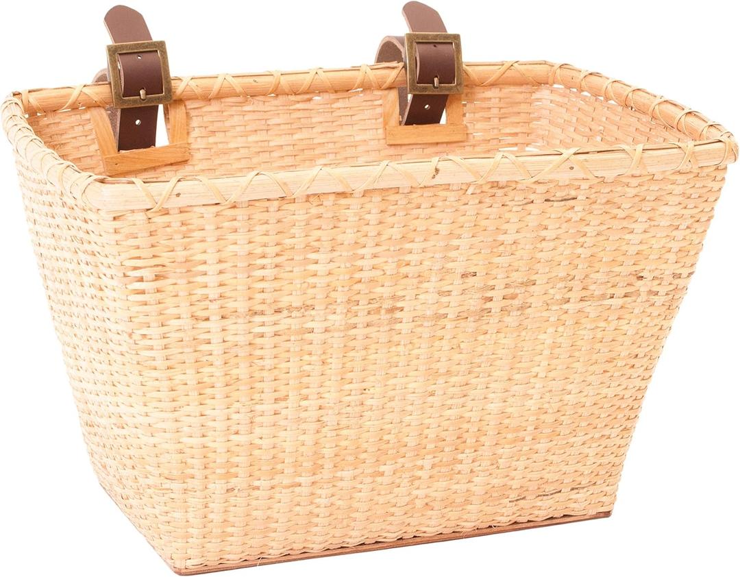 Cane Woven Rectangular Toto Basket with Authentic Leather Straps and Brass Buckles 9"D x 10"W x 14"H
