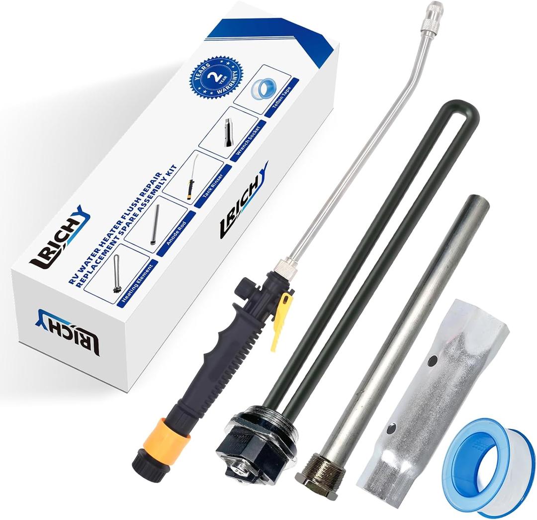 5 IN1 RV Water Heater Parts Anod Rod & Element & Flush Wand Spare Repair Kit for Suburban Water Heaters, 9.25"L x 3/4" NPT Anode Rod, 520900 Heating Element, Tank Rinser, Dual Hex Wrench & Tape