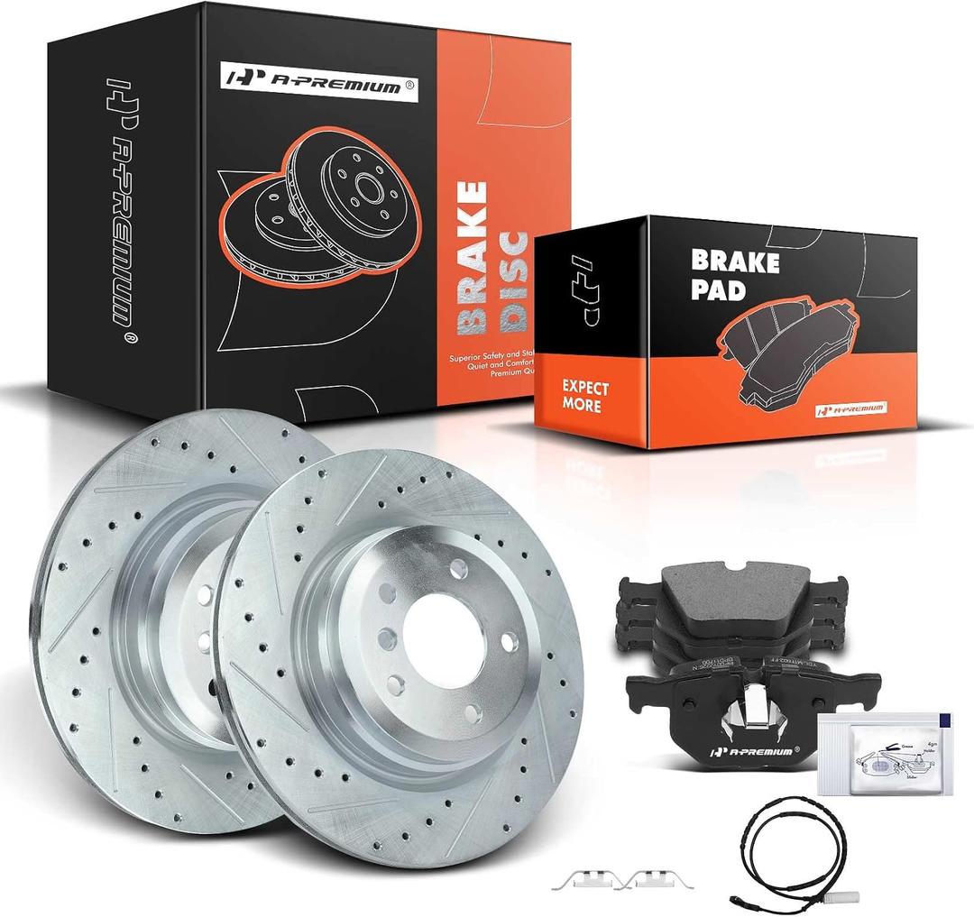 A-Premium 13.23 inch(336 mm) Rear Drilled and Slotted Disc Brake Rotors + Ceramic Pads Kit Compatible with Select BMW Models - E90 330i/330xi/, E92 335d/335i/335i xDrive/335is/335xi, E84 X1, 6-PC Set