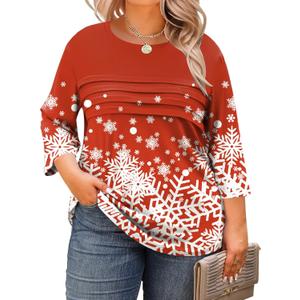 LOMON Plus Size Women Blouses 3/4 Length Sleeve Tops Crewneck Pleated Casual Tees Shirts 3XL (Christmas Snowflakes)