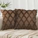 EMMTEEY Boho Pillow Cases 18x18 Inch Set of 2, Striped Embroidered Faux Fur Pillow Covers - Wrinkle Free & Decorative Accent Cushion for Sofa Couch Bed (Dark Khaki)