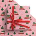 Pack Of 2, GIOLAINY Red Car Christmas Wrapping Paper for Kids Men Women - Pink Holiday Gift Wrap with Christmas Trees & Red Car - 4 Sheets (28 x 40 Inches), Easy to Store