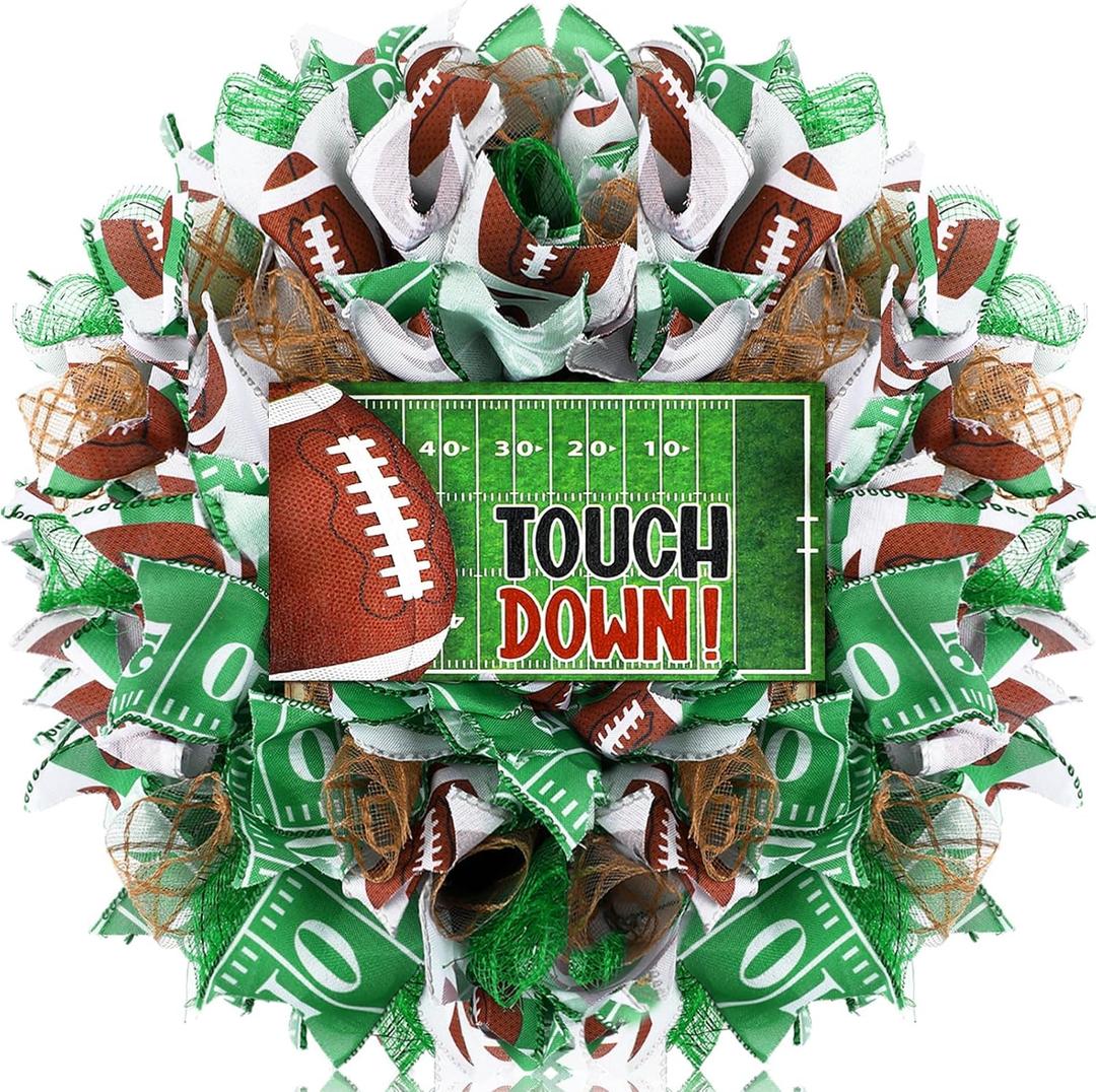 Football Wreath 16 Inch Touch Down Green Wreath for Front Door Football Party Favors Decorations Ribbon Mesh Linen Sign for Game Day Sport Theme Door Decoration for Birthday Party