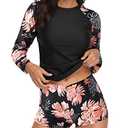 Daci Women Black Pink Flower Two Piece Rash Guard Long Sleeve Swimsuits UV UPF 50+ Swim Shirt Bathing Suit with Boyshort Bottom S