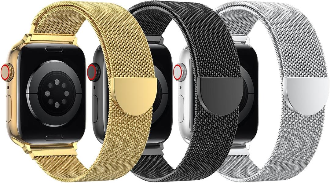 BELONGME 3 Pack Mesh Loop Compatible with Apple Watch Band Women Men 38mm 40mm 41mm 42mm 44mm 45mm 49mm Series Ultra SE 9 8 7 6 5 4 3 2 1, Stainless Steel Metal Strap Magnetic Clasp for iWatch Bands (Gold+Black+Silver)