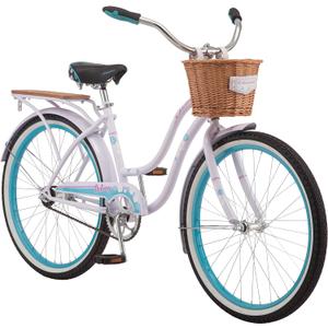 Schwinn Destiny Beach Cruiser Bike for Men Women, Ages 8 Up or Rider Height 4'8" to 5'6", 24-Inch Wheels, Single Speed, Rear Cargo Rack, Purple
