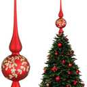 Gejoy Mercury Glass Christmas Finials Tree Topper Red Ornaments Spherical Blown Glass Xmas Tree Topper Finials with Carved Flowers Holiday Indoor Suitable for Party Decoration, 9.8inches