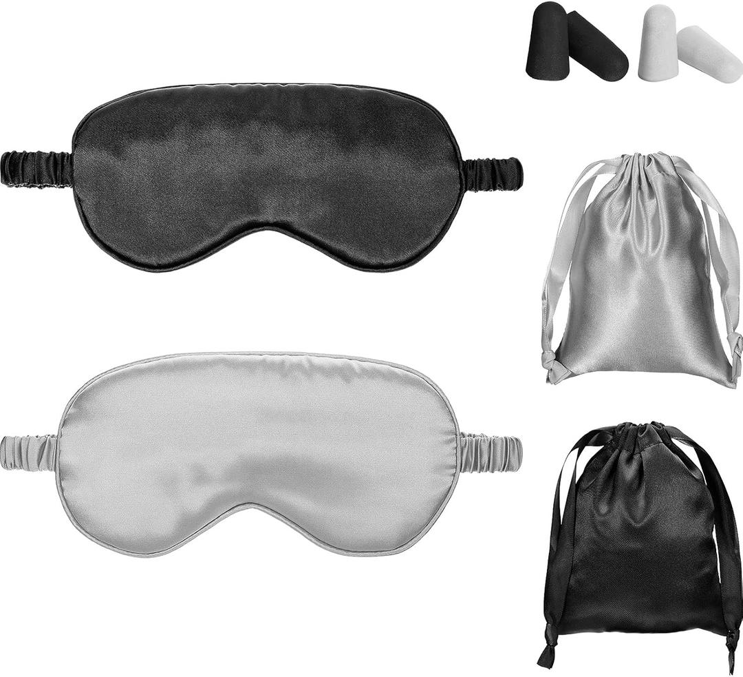 Silk Satin Sleeping Mask Eye Mask Set Include 2 Blindfold Eyeshade Elastic Strap Double Layer Silk Filling Eye Cover 2 Ear Plugs 2 Storage Bags for Women and Men Sleep Travel Nap (Black, Gray)