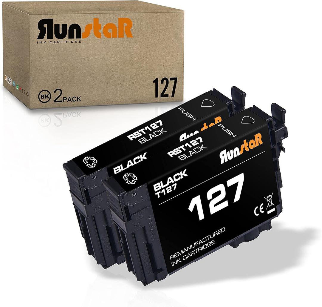 Run Star Remanufactured 127 T127 Black Ink Cartridge Replacement for Epson 127 T127 Used with Workforce Pro WF-3520 WF-3530 WF-3540 WF-7010 WF-7510 WF-7520 WF-545 WF-645 Printer (2 Black)