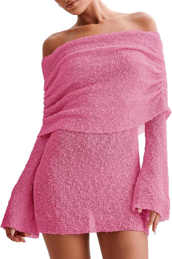Imily Bela Womens Beach Swimsuit Cover Ups Summer Off The Shoulder Long Bell Sleeve Sheer Mini Dress (Small, Pink)