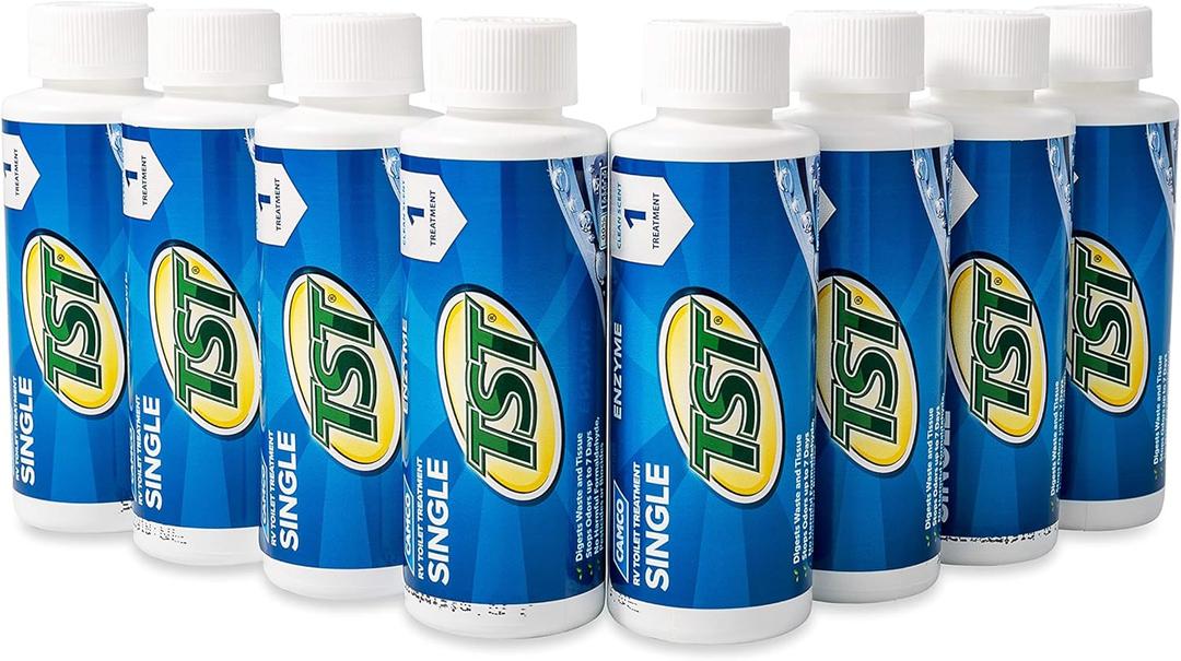 Camco TST Blue Enzyme Toilet Treatment - Formaldehyde Free - Breaks Down Waste And Tissue - Septic Tank Safe -Treats up to 8-40 Gallon Holding Tanks - (8) 4 oz Bottles (41501)
