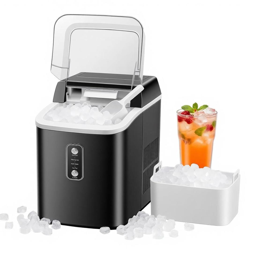 NEWBULIG Nugget Ice Makers Countertop, Portable Nugget Ice Machine, Ready in 6 Mins, 24lbs in 24Hrs, Auto-Cleaning, with Basket and Scoop, for Home, Kitchen, RV, Camping, Black (14.5"*13.7"*10.4")