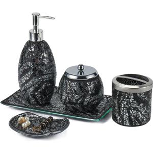5pcs Mosaic Glass Bathroom Accessories Set Luxury Decorative Bath Accessories Set Includes Soap Dispenser, Soap Tray, Cotton Swab Jar, Toothbrush Holder, Vanity Tray