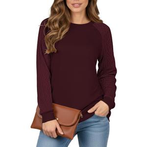 Buauty Womens Sweatshirts Crewneck Cable Knit Sleeve Pullover Sweaters Lightweight Fall Fashion Casual Tunic Tops (X-Large, Wine)