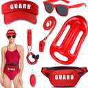 Guard Costume Set 7 Pcs Lifeguard Accessories Kit Include Guard Hat Sunglasses Inflatable Float Guard Fanny Pack Whistle with Lanyard Rescue Tube Float Keychain for Halloween Party Dress Up Red