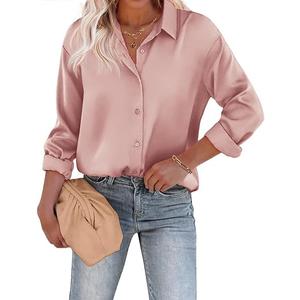 Chigant Women's Blouse Satin Silk Shirts Button Down Shirts Casual Loose Long Sleeve Office Work Tunic Tops , M