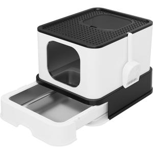RIZZARI Stainless Steel Litter Box: Extra Large Design Prevents Leaks - Black Enclosed Cat Pan - Odors Control for Cats Under 25 lbs - Bathroom Living Room Use