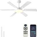 JSAITEE 52 Inch Low Profile Ceiling Fan with Lights, Remote & APP Control, 3CCT Dimmable, 6 Blades 6 Speed Ceiling Fans, Quiet Reversible DC Motor, Modern White Ceiling Fan for Bedroom Living Room
