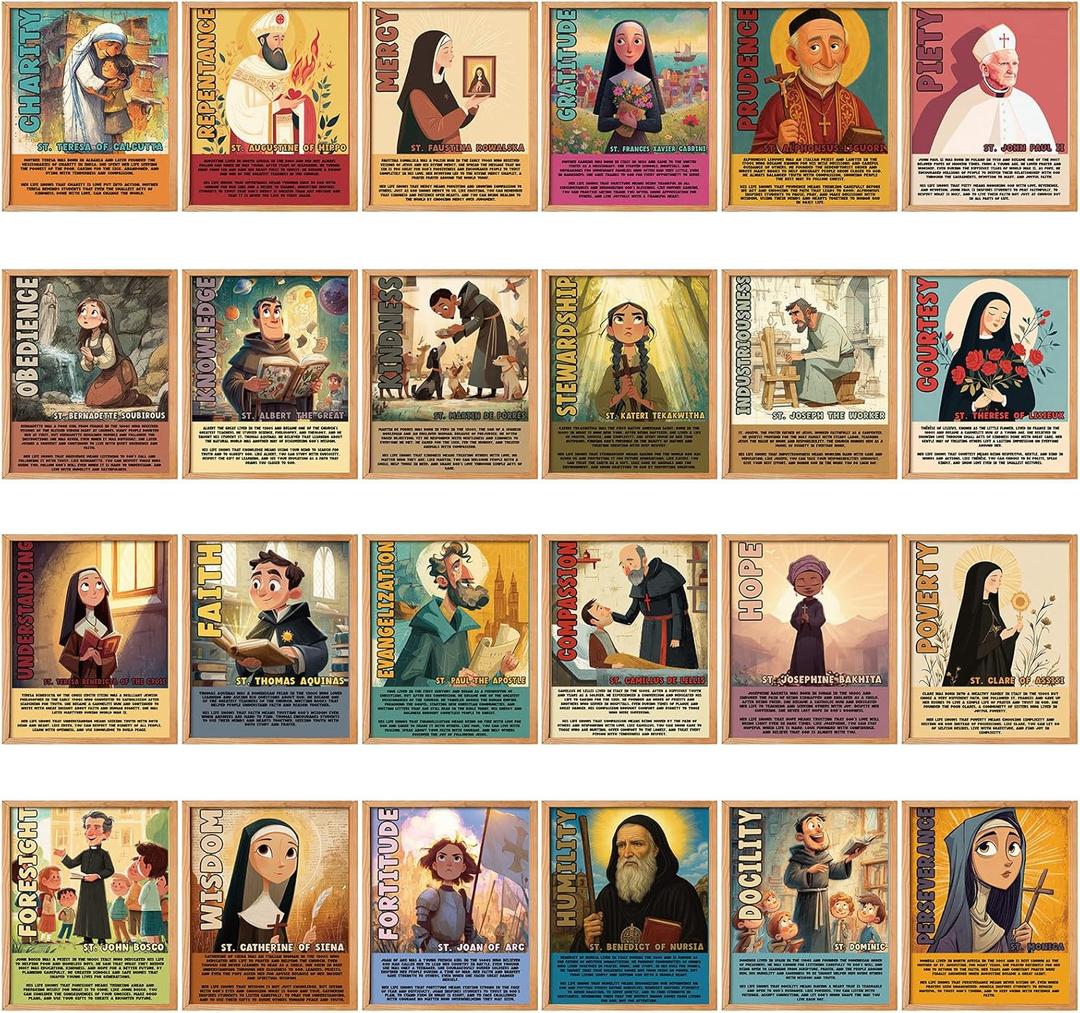 Resurhang 24 Pack Catholic Posters Set Catholic Classroom Decor 8 x 10 in Bible Virtues Quotes from Saints Christian Posters Sunday School Decorations for Learning Space Faith Bulletin Board Gift