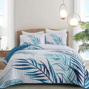 Botanical Quilt Set Queen,3 Pieces Teal Blue Palms Tree Bedspread Reversible Lightweight Soft Microfiber Navy Bedding Set with 2 Pillowcases for All Season(Queen,96"x90")