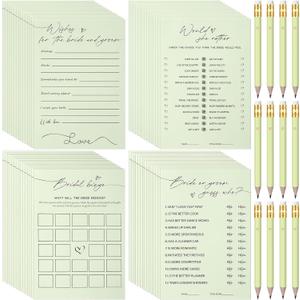 132 Pieces Wedding Shower Games Bridal Shower Favors for 30 Guests Including 120 Wedding Games Cards and 12 Pencils for Bride Groom Bachelorette Party Favor(Sage Green)