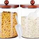 Set of 2 Large Glass Food Storage Jar-101 FLOZ, Flour and Sugar Storage Containers for Kitchen Counter with Wooden Airtight Lid & Base,Kitchen Storage Jars for Coffee,Rice,Candy, Cookie