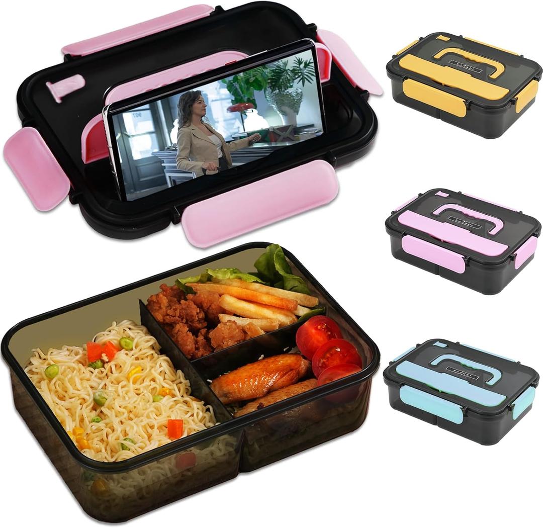 Bento Box Adult Lunch Box, Lunchable Containers with 3 Compartments, Meal Prep Food Container for Women, Lunch Box with Utensils, Snack/Salad/Sandwich Box, Microwave/Dishwasher Safe/BPA Free(Pink)