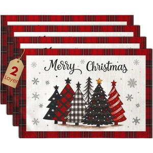 Christmas Placemats Set of 4 - Christmas Theme Placemats Double-Layered 12x18 Inches Decorative Washable Dinner Table Mats for Dinning Durable Xmas Themed Table Mats, Buffalo Plaid