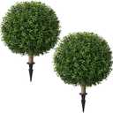 Artificial Boxwood Topiary Ball Trees for Outdoor Set of 2 Fake Plant Bushes with Ground Spike UV Resistant Faux Shrubs for Garden Front Porch, Green