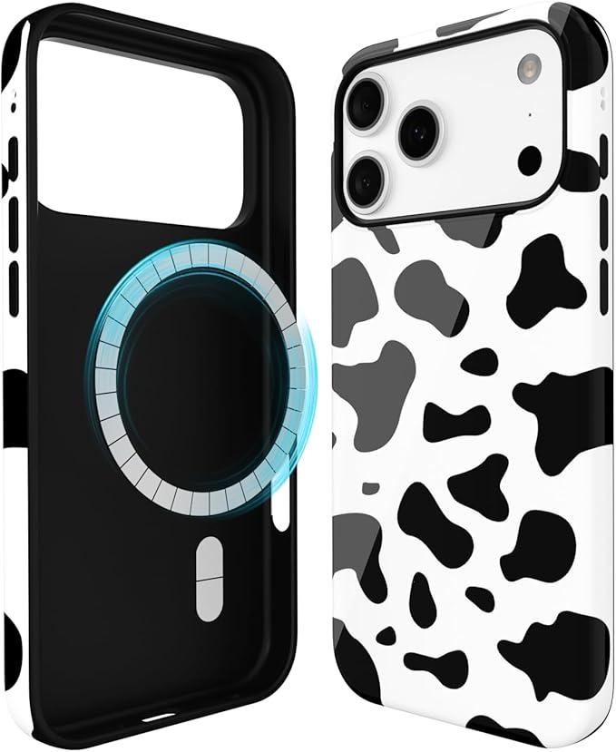 Svanove for iPhone 17 Pro Max Case Cow Print, Compatible with Magsafe Magnetic Phone Case, Girly Cute Trendy Retro Animal Print Aesthetic Design Glossy Hard Shell Plastic Case for Women, Black