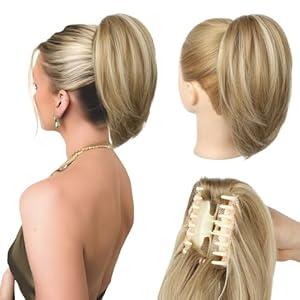 NTYNTY Ponytail Extension, 10" Short Claw Clip in Ponytail Hair Extensions Messy Bun Hair Piece Natural Soft Synthetic Straight Pony Tail Hair Pieces for Women - Golden Blonde with Highlights