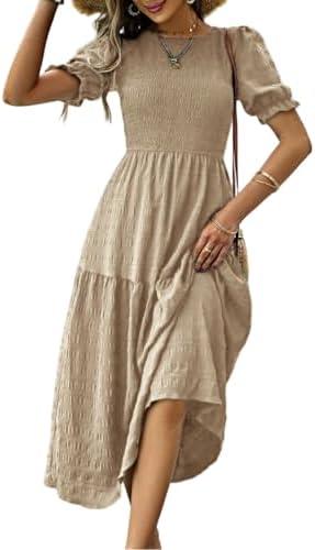 LIGHT DOT Women's Maxi Modest Dress 2025 Ruffle Puff Short Sleeve Smocked Tiered Casual Flowy, XL