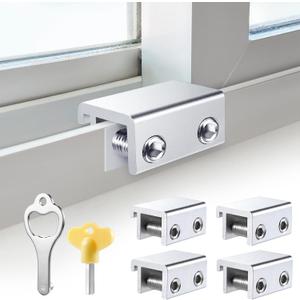 Sliding Window Locks (4 Sets), Security Window Locks with Keys, Adjustable Aluminum Sliding Window Stops, Easy Installation Without Drilling, for Vertical and Horizontal Sliding Windows (Silver)