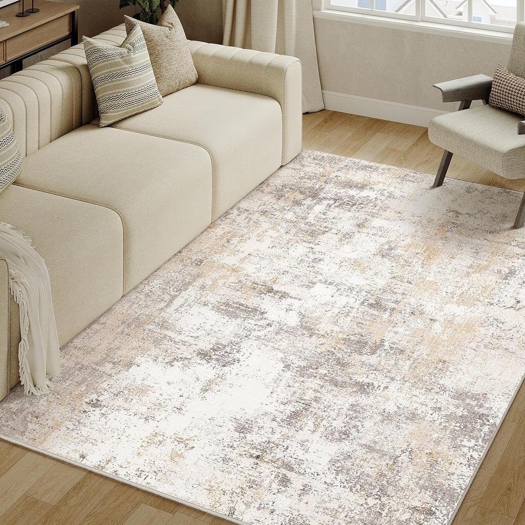 4x6 Washable Area Rug Beige Grey Abstract Non Slip Soft Low Pile Rug for Entryway Kitchen Bathroom Neutral Modern Throw Carpet for Living Room Bedroom Home Decor