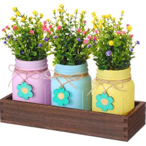 Domensi Easter Spring Table Decoration Set Rustic Wood Tray with Artificial Colorful Flower Greenery Fake Plants Mason Jar Wooden Tag for Easter Spring Dining Table Centerpiece Supplies