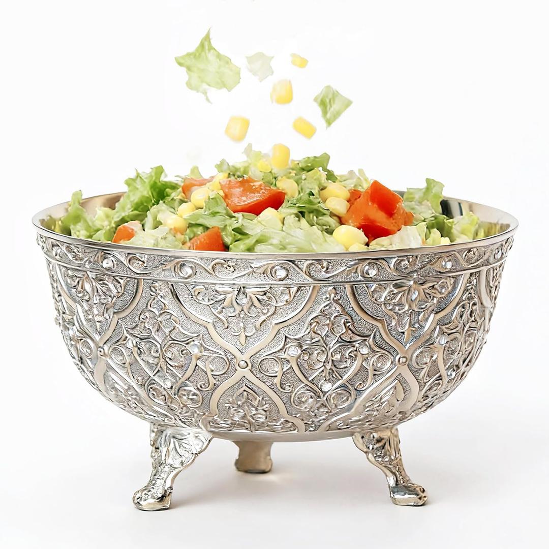 Medieval Silver fruit Bowl, 50 oz Pedestal Bowl For Entertaining，Decorative Bowl For Kitchen Counter Or Table Decor，Vintage salad bowl， Premium Grain Bowls, 7 inchPoke Bowl