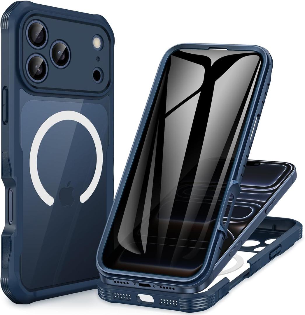 CENHUFO Magnetic Privacy for iPhone 17 Pro Case [Compatible with Magsafe] Full Body Phone Case Built-in 9H Tempered Glass Privacy Screen Protector, Camera Protection Shockproof Bumper Cover - Blue