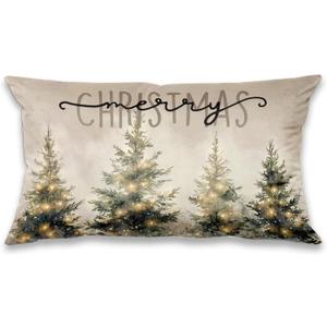 Rustic Merry Christmas Tree Pillow Covers, Farmhouse Christmas Decor, Xmas Tree Forest Winter Holiday Lumbar Pillow Covers for Home Living Room Bedroom Sofa Couch,20x12 Inch,BB117 (27 Color)