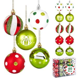40 Pcs Christmas Balls Ornaments, 2.4 Inch Glittering Red Green White Ball Ornaments for Xmas Decorations, Plastic Striped Dot Hanging Baubles, Christmas Tree Pendants for Party Holiday Home