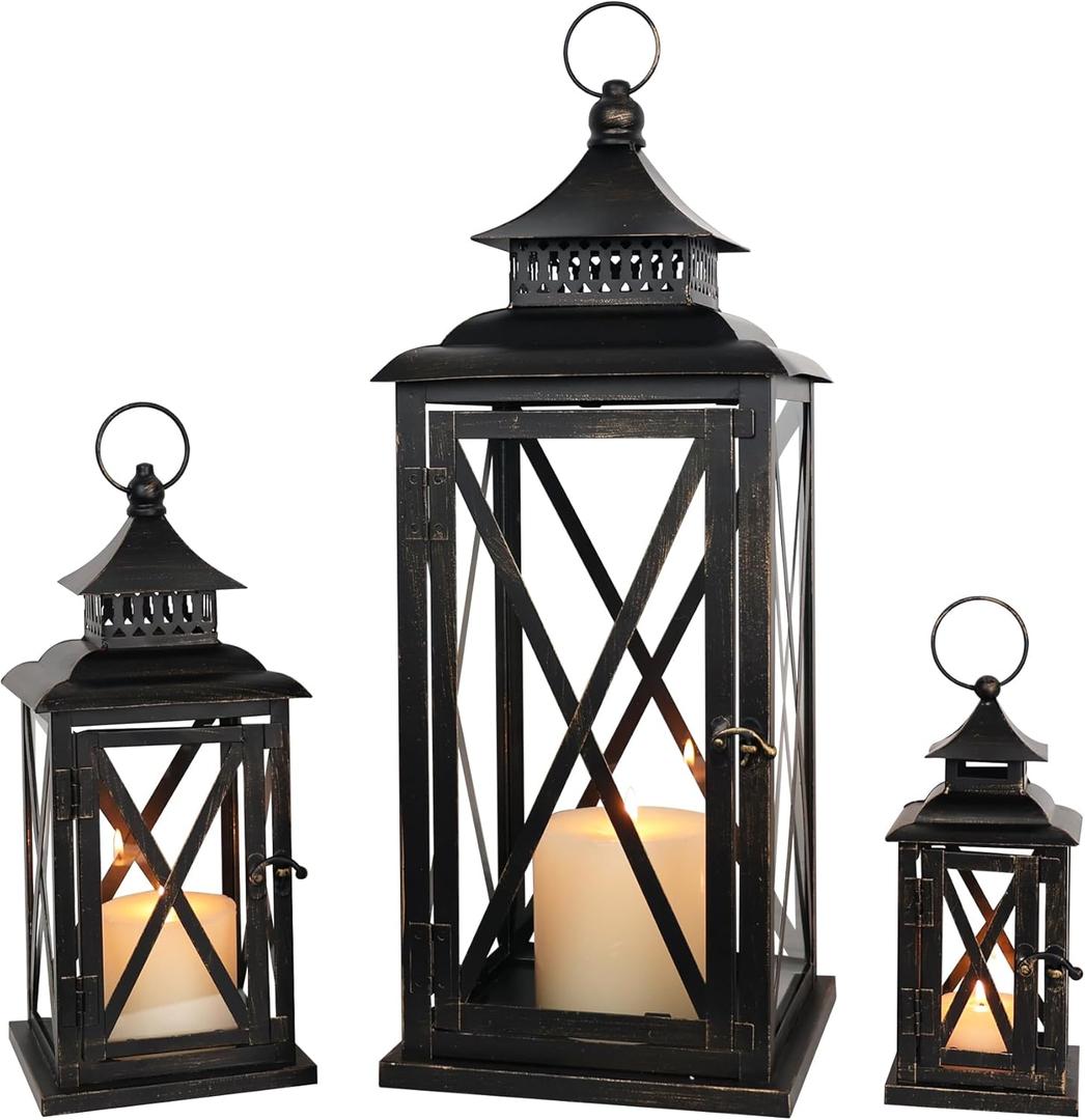 3PCS (20&13&9) Lanterns Decorative Indoor & Outdoor, Vintage Metal Frame Candle Holders for Front Porch, Patio, Pathway, Balcony, Garden, Yard Decor, Halloween Christmas Decorations