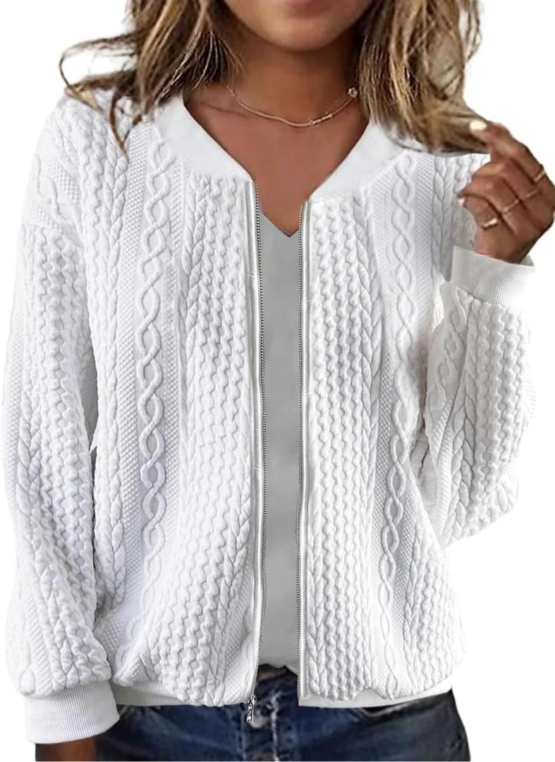 WROLEM Women's Zip Up Cardigan Sweater Cable Hoodies Long Sleeve Jacket Outfits Crewneck Casual Coat (White), Size S