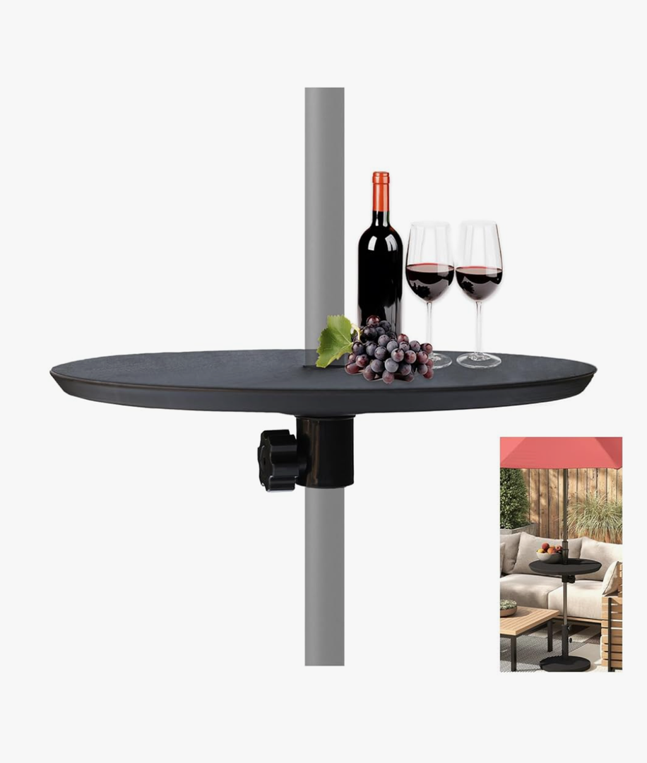 Helios&Hestia 20" Small Round Portable Outdoor Patio Umbrella Table Tray with Hole, Fits 7 to 11 ft Market Umbrellas with 1.5" Pole, Black