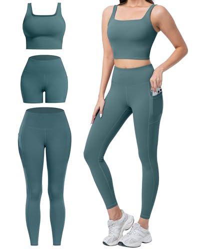 SALSPOR 3 Piece Workout Sets for Women High Waisted Leggings with Pockets Tummy Control Biker Shorts Yoga Sports Bra(3YFTZ-Bean Green-M)