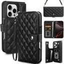 Vofolen Compatible with iPhone 16 Pro Max Case with Card Holder Crossbody Wrist Strap Leather Flip Case with Magnetic Clasp Kickstand Heavy Duty Protective Wallet Phone Case for Women, 6.9 Inch Black