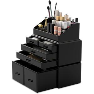 READAEER Makeup Organizer 3 Pieces Cosmetic Storage Case with 6 Drawers (Black) (3 Layer)