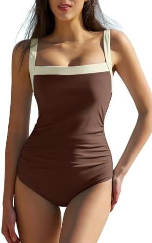 QINSEN Women's Square Neck One Piece Swimsuit Side Ruched Tummy Control Adjustable Straps Bathing Suit, Brown, M