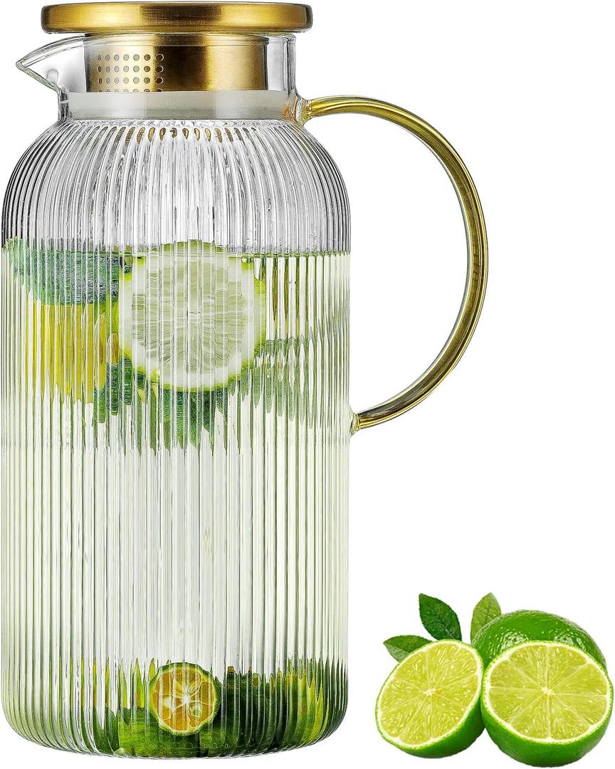 Glass Pitcher with Lid, 84oz/2.5 Liter Classic Vertical Stripes Water Pitcher,Glass Water Carafe for Cold Brew, Coffee, Lemonade, Iced Sun Tea,Beverage, Milk, Heat Resistant (Clear)