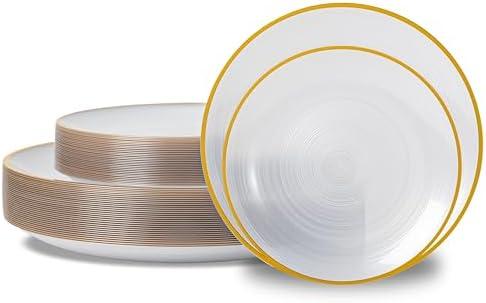 N9R 60PCS White Plastic Plates with Gold Rim, Elegant Disposable Plates, Circular Ribbed Design, 30 Dinner & 30 Dessert Plate for Parties, Weddings, Banquets, and Events (Translucent White)